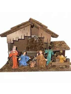 Vintage Complete Set Nativity Stable Mary Joseph Jesus 3 Wise Men Italy 10x13"